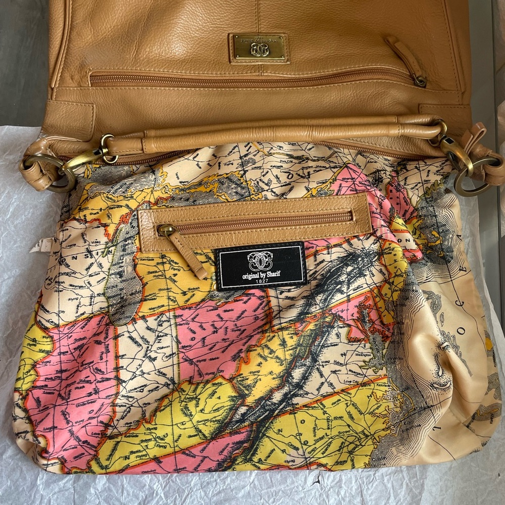 Original by Sharif 1827 Genuine Leather Shoulder Bag Tan Chain Details Map Lined - Picture 13 of 17